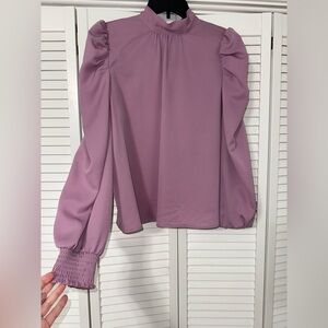 Purple Long Sleeve mockneck Blouse with working back bow detail and puff sleeve